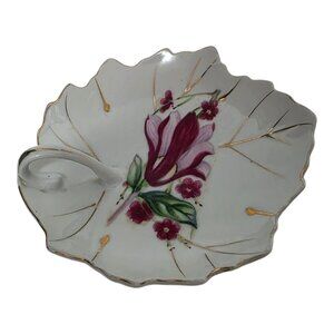 VTG Orion China Leaf Shaped Handle Teabag Lemon Plate Gold Trim Floral JAPAN